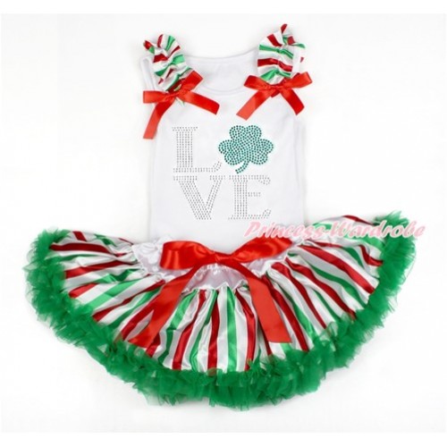 St Patrick's Day White Baby Pettitop with Red White Green Striped Ruffles & Red Bows with Sparkle Crystal Bling Rhinestone Love Clover Print with Red White Green Striped Newborn Pettiskirt NN165 